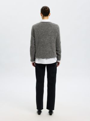 Selected Femme naisten neulepusero, SLFSIA RAS LS KNIT LONG V-NECK Keskiharmaa