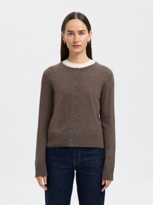 Selected Femme Naisten Neuletakki, SLFThea LS Knit Merino Cardigan Noos Tummanruskea