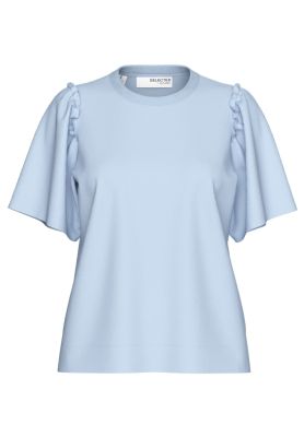 Selected Femme Naisten T-Paita, SLFPENELOPE 2/4 RUFFLE TEE Vaaleansininen