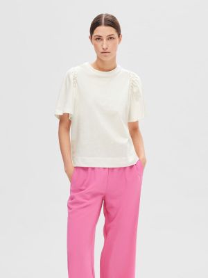 Selected Femme Naisten T-Paita, SLFPENELOPE 2/4 RUFFLE TEE Valkoinen