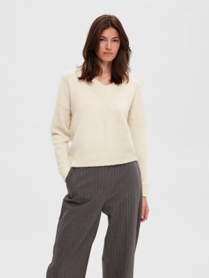 Selected Femme neule, SLFMALINE LS KNIT V-NECK  Luonnonvalkoinen