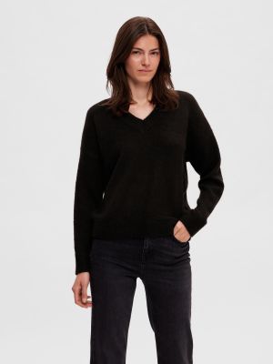 Selected Femme neule, SLFMALINE LS KNIT V-NECK  Musta