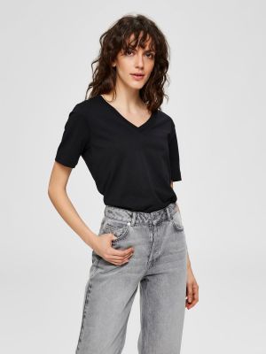 Selected Femme Naisten T-paita, SLFSTANDARD SS V-NECK TEE Musta