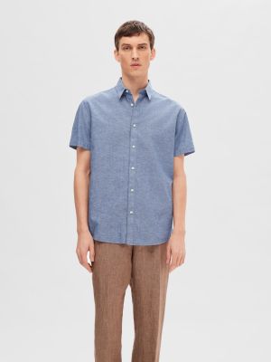 Selected Miesten Kauluspaita, NEW LINEN SHIRT SS NOS Sininen