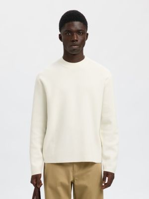 Selected miesten neulepusero, MIKE LS KNIT RELAXED MOCK NECK Luonnonvalkoinen