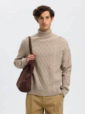 Selected miesten neulepusero, SLHNEIL LS KNIT RELAXED CABLE ROLL NECK Oatmeal Neps