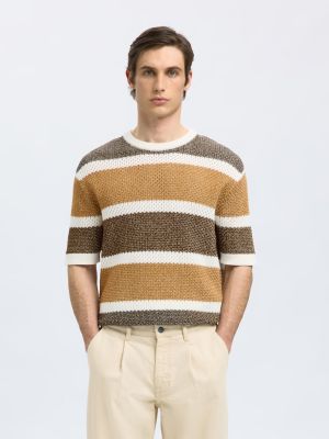 Selected miesten paita, GINGER SS KNIT RELAXED STRIPE Raidallinen Ruskea