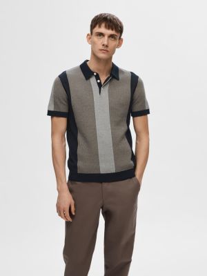 Selected miesten pikeepaita, SLH MATTIS SS KNIT STRIPE POLO Raidallinen Sininen