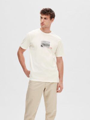 Selected Miesten T-Paita, GAZ PRINT SS O-NECK Valkoinen
