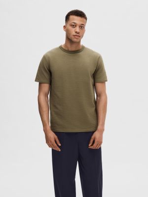 Selected miesten t-paita, SANDER SEERSUCKER SS O-NECK Armeijanvihreä