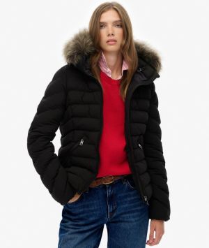 Superdry naisten Toppatakki, Fuji Faux Fur Hood Padded Jkt Musta