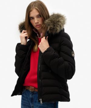 Superdry naisten Toppatakki, Fuji Faux Fur Hood Padded Jkt Musta