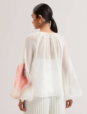 Ted Baker naisten pusero, ERIANA Organza Puff Sleeve Blouse Valkopohjainen Kuosi