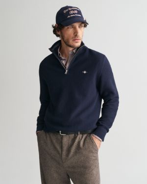 Gant Miesten Neulepusero, COTTON MICRO TEXTURED HALF ZIP Tummansininen