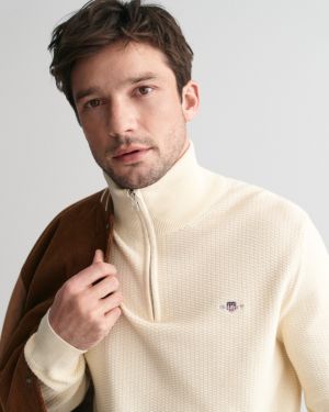 Gant Miesten Neulepusero, COTTON MICRO TEXTURED HALF ZIP Luonnonvalkoinen