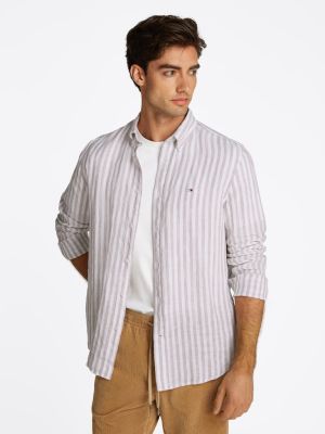 Tommy Hilfiger miesten kauluspaita, LINEN ESSENTIAL STRIPE RFSHIRT Raidallinen Ruskea