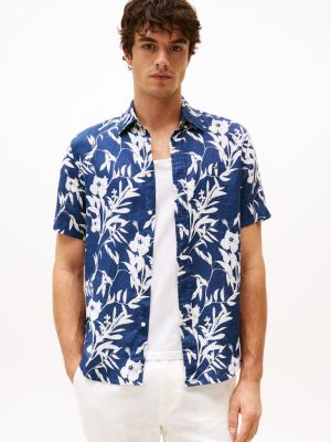 Tommy Hilfiger miesten pellavapaita, LINEN TROPICAL PRT SS RF SHIRT Sininen Kuosi