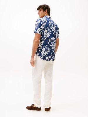 Tommy Hilfiger miesten pellavapaita, LINEN TROPICAL PRT SS RF SHIRT Sininen Kuosi