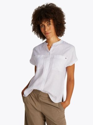 Tommy Hilfiger naisten lyhythihainen pellavapusero, ESS LINEN COLLARLESS SS BLOUSE Valkoinen