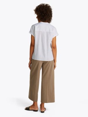Tommy Hilfiger naisten lyhythihainen pellavapusero, ESS LINEN COLLARLESS SS BLOUSE Valkoinen