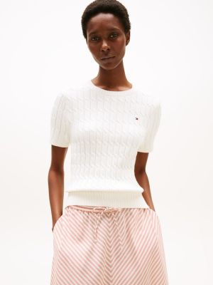 Tommy Hilfiger naisten neule, CO CABLE MID SS SWEATER Luonnonvalkoinen