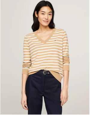 Tommy Hilfiger Naisten Paita, CO JERSEY STITCH V-NK SWEATER Raidallinen Beige