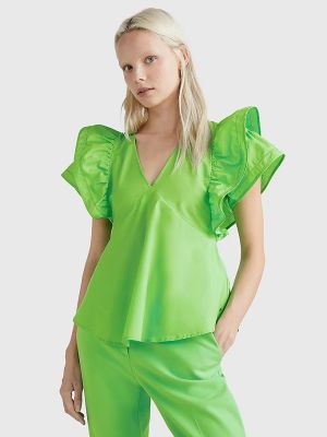 Tommy Hilfiger, Naisten Paita, CO SATEEN FRILL BLOUSE Vihreä