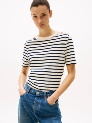 Tommy Hilfiger naisten t-paita, REG STRIPE GOLD BTN C-NK SS Raidallinen Valkoinen