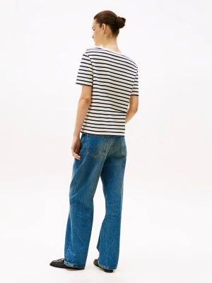 Tommy Hilfiger naisten t-paita, REG STRIPE GOLD BTN C-NK SS Raidallinen Valkoinen