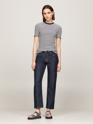 Tommy Hilfiger Naisten T-Paita, SLIM CTN MODAL RIB STP C NECK SS Raidallinen Sininen