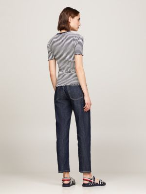 Tommy Hilfiger Naisten T-Paita, SLIM CTN MODAL RIB STP C NECK SS Raidallinen Sininen