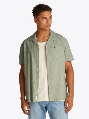 Tommy Jeans miesten lyhythihainen kauluspaita, TJM LINEN BLEND CAMP SS EXT Armeijanvihreä