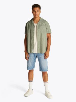 Tommy Jeans miesten lyhythihainen kauluspaita, TJM LINEN BLEND CAMP SS EXT Armeijanvihreä