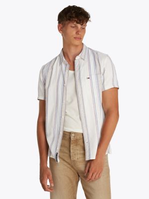 Tommy Jeans miesten lyhythihainen kauluspaita, TJM REG SLUB STRIPE SS SHIRT Raidallinen Harmaa