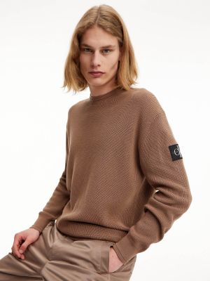 Calvin Klein Jeans Miesten Neule Badge Raw Edge Sweater Keskiruskea