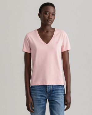 Gant Naisten T-paita ORIGINAL V-NECK SS T-SHIRT Vaaleanpunainen