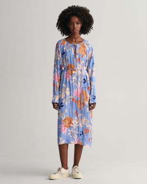 Gant printtikuvioitu floral mekko, REG FLORAL PRINT V-NECK DRESS Sininen Kuosi