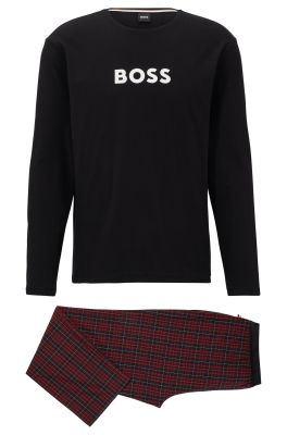 Hugo Boss Miesten Pyjama EASY LONG SET Punainen Ruutu