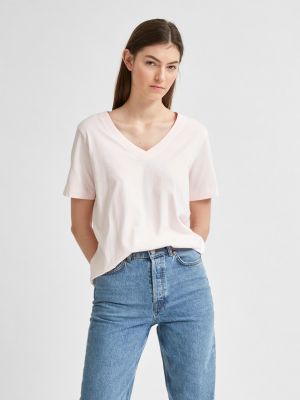 Selected Femme Naisten T-paita, SLFSTANDARD SS V-NECK TEE Vaaleanpunainen